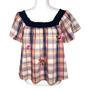 English Factory Embroidered Floral Plaid Top Women Small NWOT